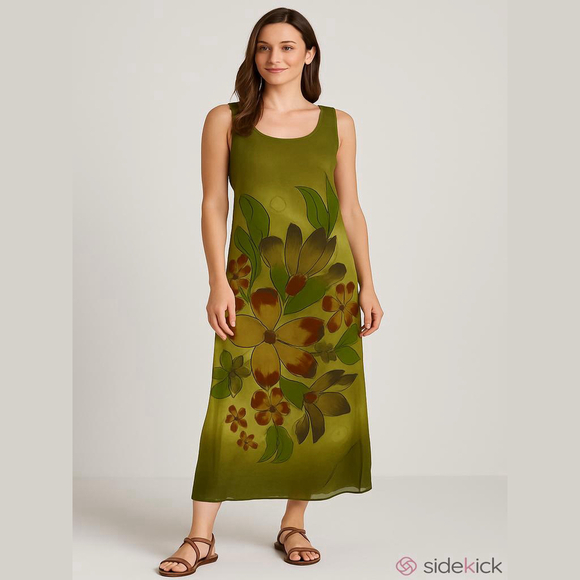 Vintage Adrianna Papell Art To Wear Floral Maxi Dress Medium Green Sheer India - Picture 10 of 10